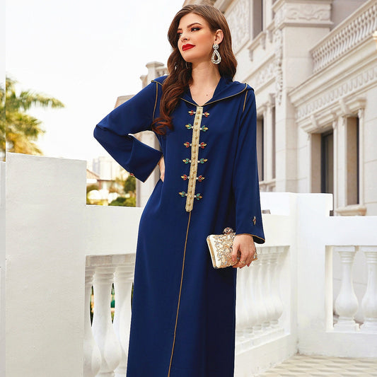Navy Gold-rimmed Hand-sewn Diamond Hooded Robe ABAYA Muslim