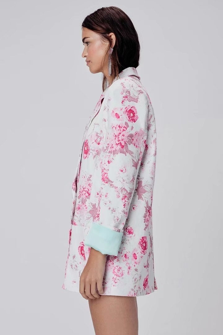 Floral Rose Print Suit Jacket with Suit Collar