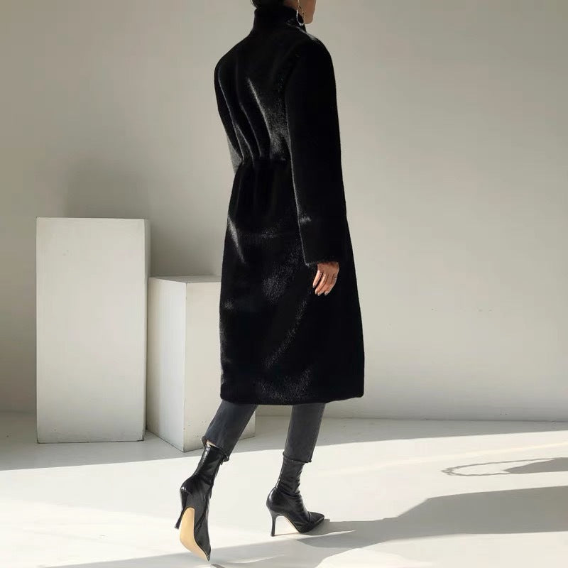 Manteau mi-long en fausse fourrure de martre noir pour femme avec col montant
