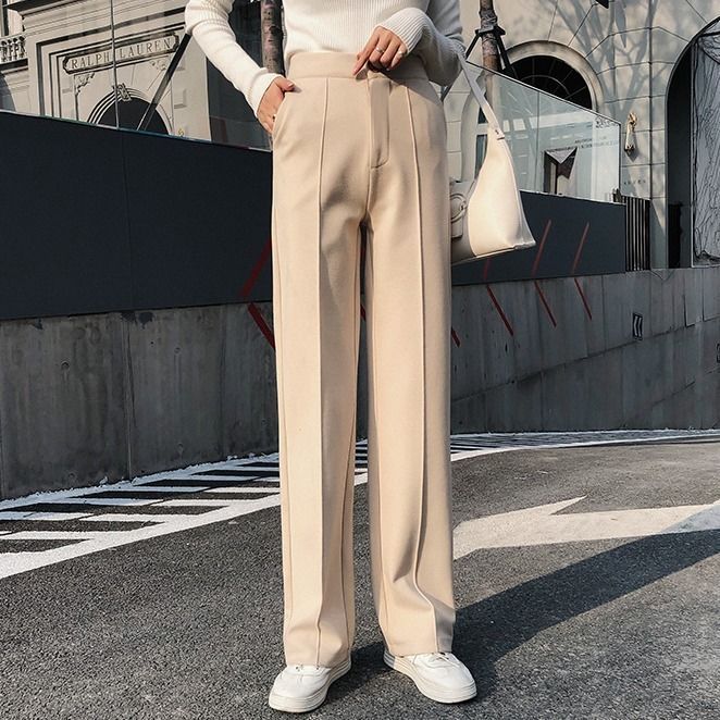 Pantalon droit taille haute en mélange laine et coton