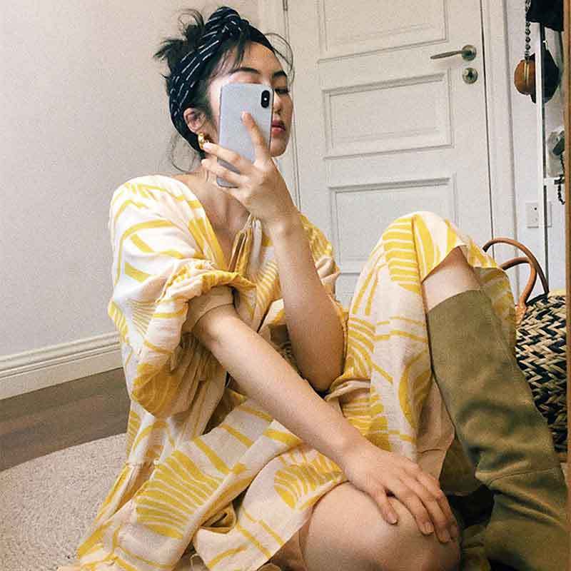 Retro loose print puff sleeve long dress