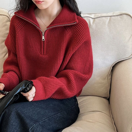 Fashion Zipper And Lapel Sweater For Women