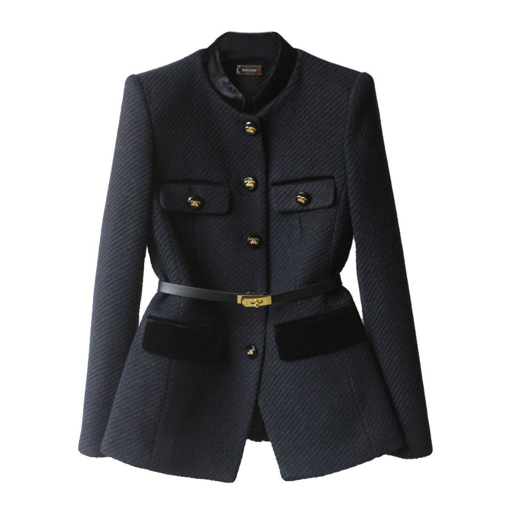 Women's Mid-Length Slimming Overcoat with Shoulder Detail in Black & White Cotton
