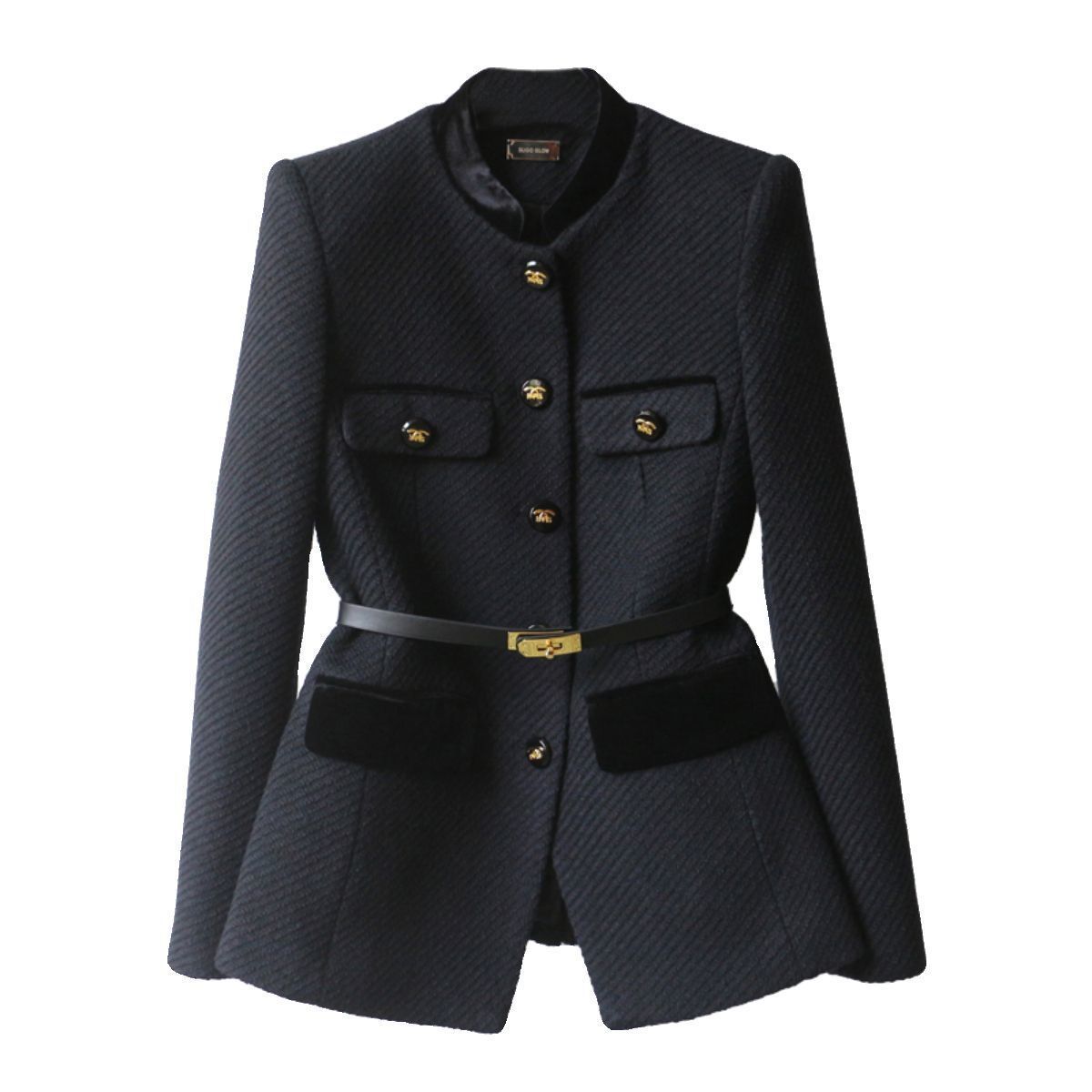Women's Mid-Length Slimming Overcoat with Shoulder Detail in Black & White Cotton