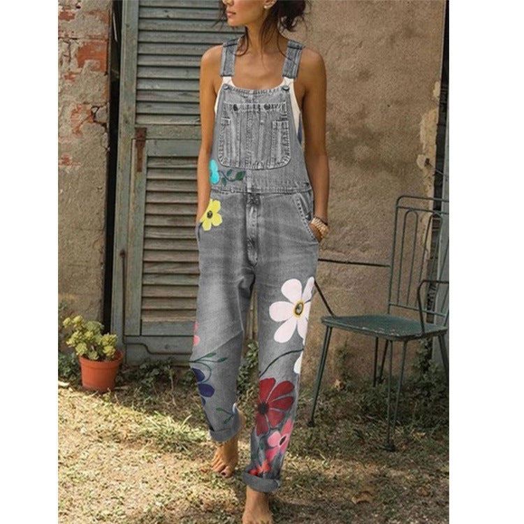 Printed Washed Denim Overalls in Polyester Fiber