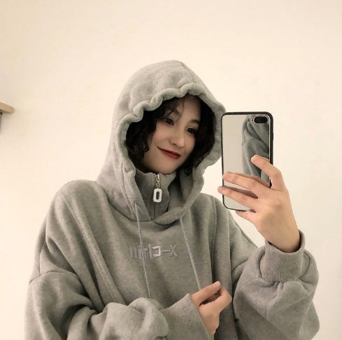 Sweat à capuche ample brodé femme automne hiver, pull chic doux en velours
