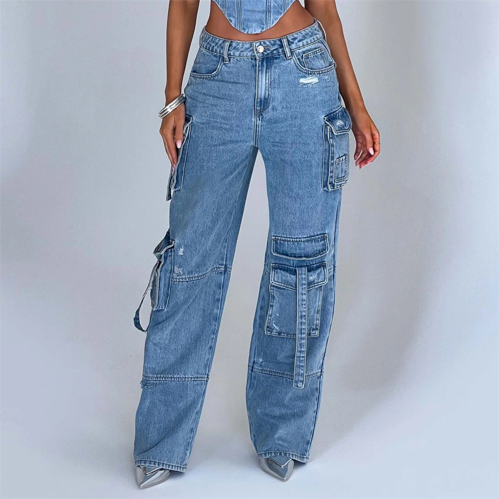 Jean taille basse ample pour femme avec poches et haut