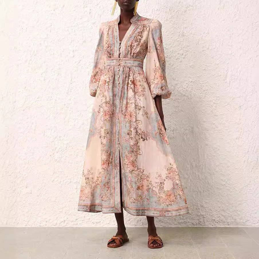 Vintage Printed Linen Single-Breasted Long Sleeve Dress in Blue, Green, Dark Blue, Pink