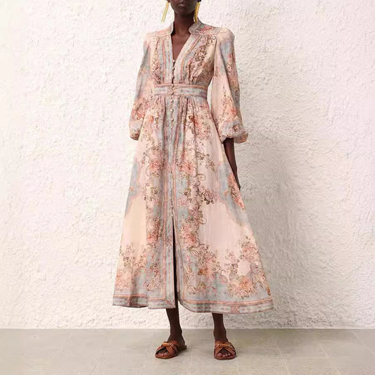 Vintage Printed Single-breasted Long Sleeve Dress