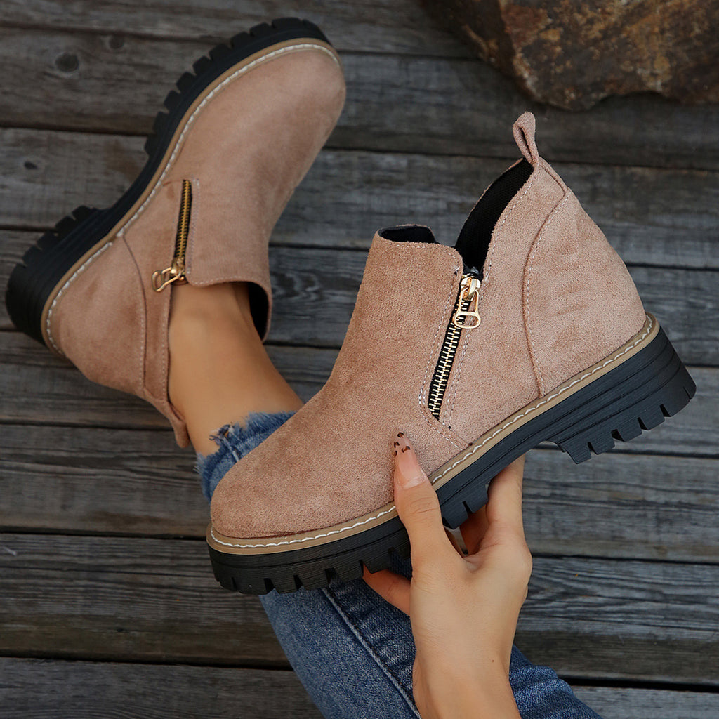 Women’s Suede Chunky Ankle Boots with Side Zipper – Autumn Winter, Mid Heel, Multiple Colors