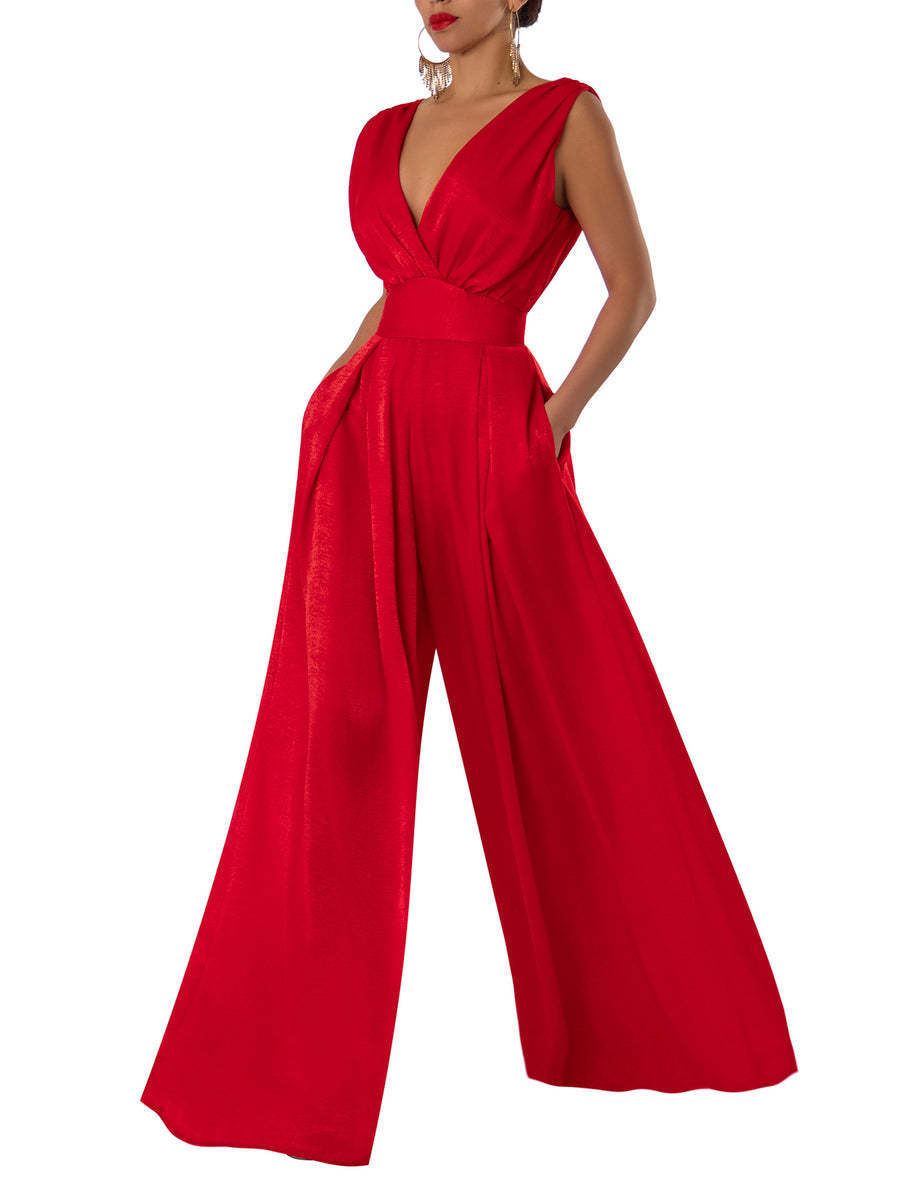 Combinaison unie col en V taille haute jambes larges