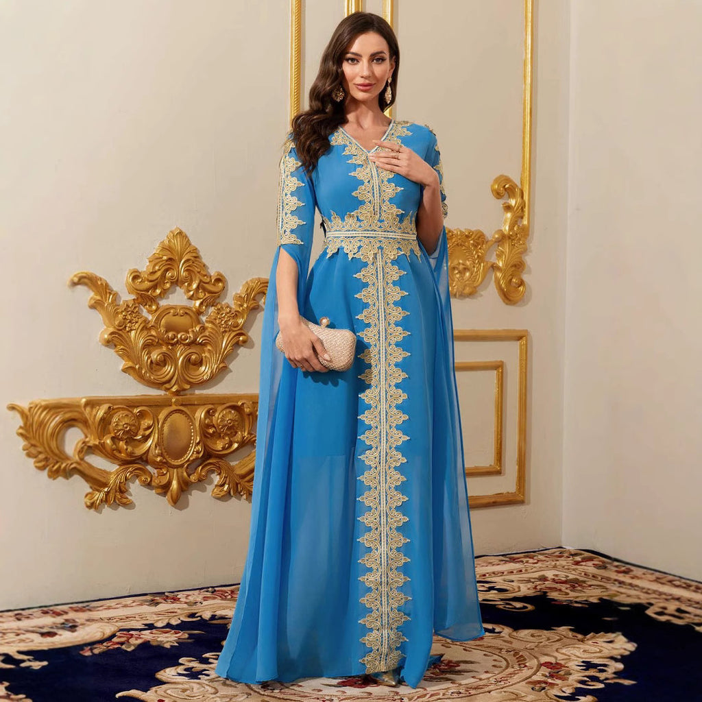 Middle East Women's Blue Lace Patchwork Long Dress with Half Sleeves