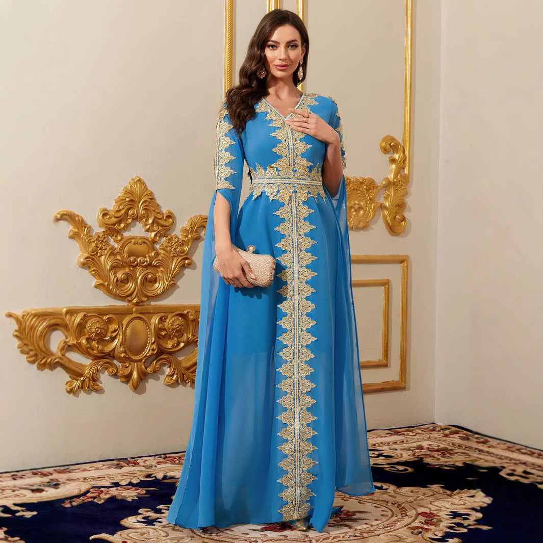 Middle East Women's Blue Lace Patchwork Long Dress with Half Sleeves