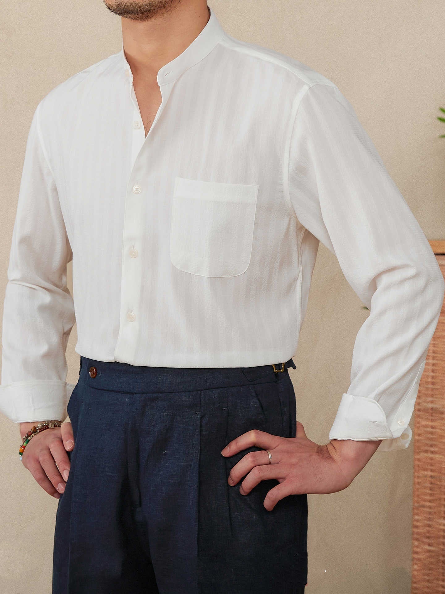 Loose Lapel Seersucker Striped Long Sleeve Shirt