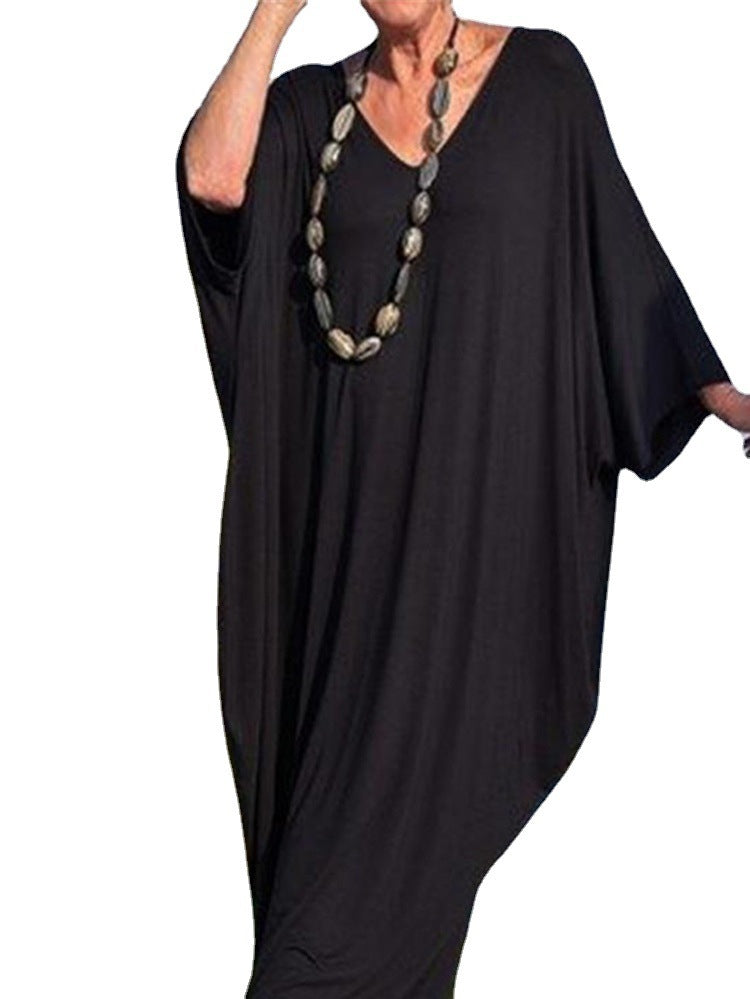 فستان صيفي كاجوال أسود بقصة فضفاضة من البوليستر S-XXL