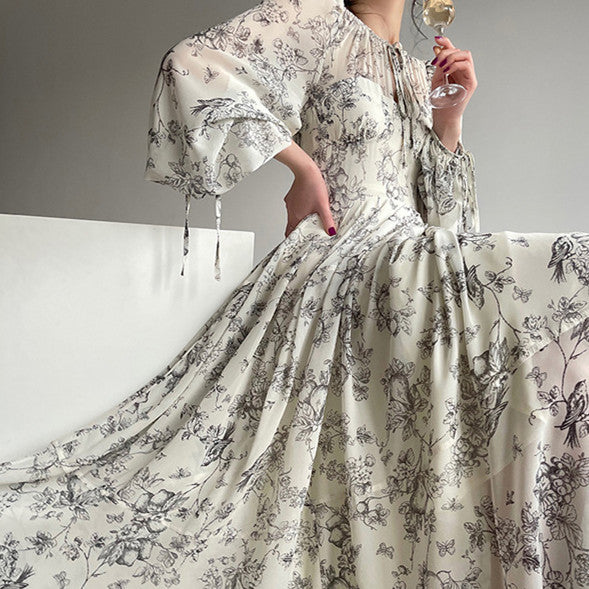 French Evening Dress Chiffon Waist Print Polyester Fiber