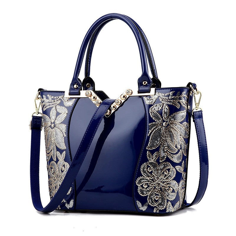 Black Embroidered bright leather shoulder bag