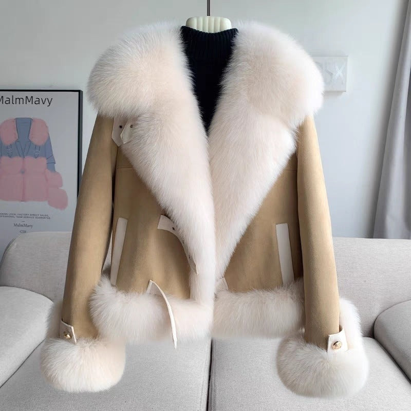 Manteau de fourrure rose abricot kaki pour femme avec manches volantées