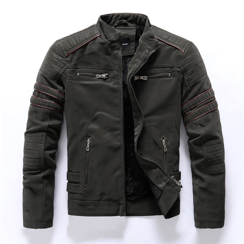 Men's Vintage Washed PU Leather Jacket with Stand-Up Collar
