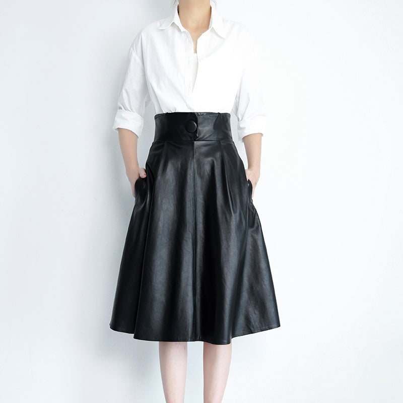 Sheep Skin High Waist Slim Mid-length Skirt Over The Knee