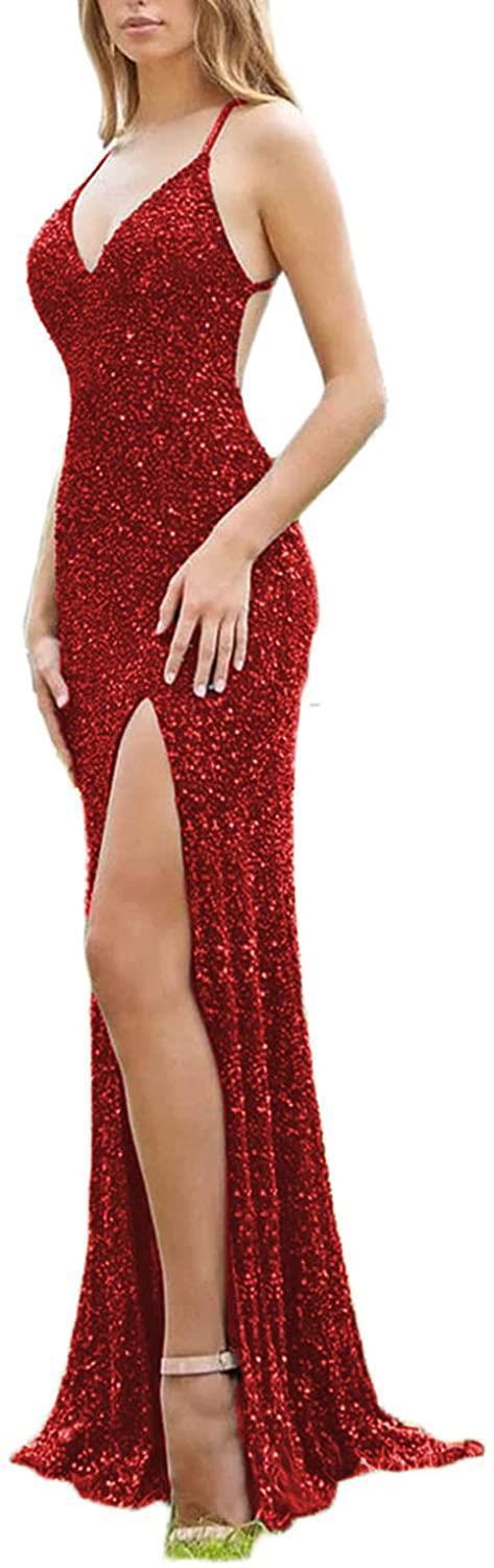 Sequined Lace Back Hollow Out V-Neck Dress