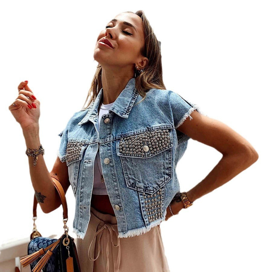 Trendy Cropped Denim Coat Outerwear in Light Blue & Gray, Sizes S-XL