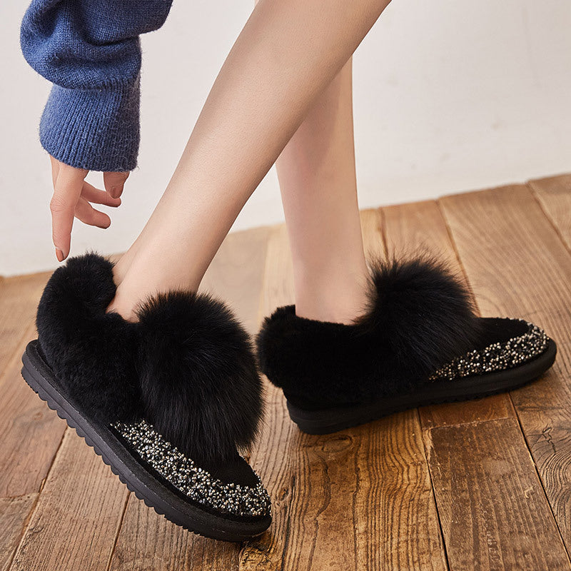 Women’s Short Fox Fur Snow Boots Shallow Mouth Flat Heel