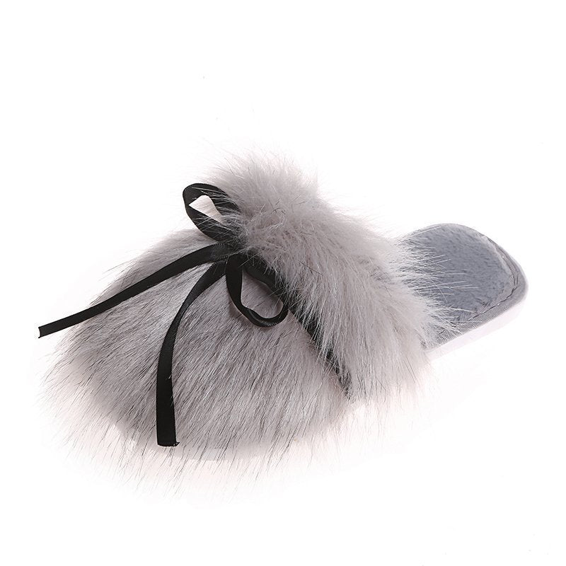 Bowknot Cotton Plush Half Shoes with Rubber Sole for Outdoor Wear
