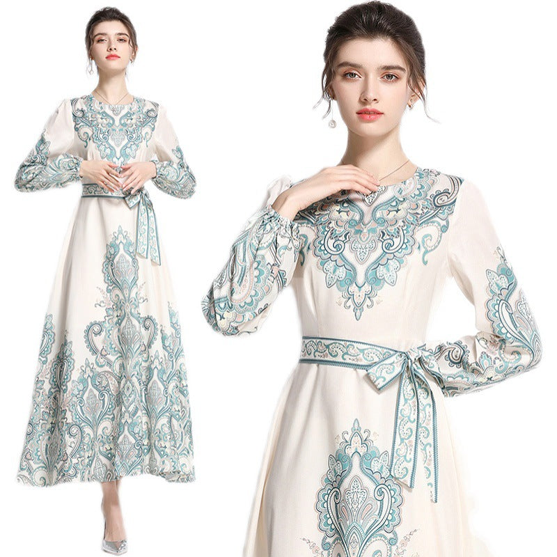 Robe trapèze imprimée à manches longues et col rond pour femme