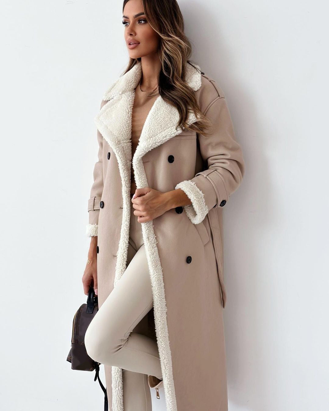 Manteau mi-long en polyester pour femme, style trench croisé à double boutonnage avec ceinture, pour l'hiver