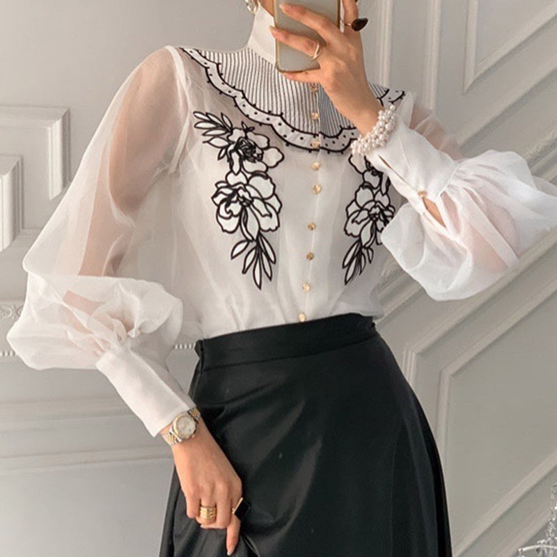 Women's Embroidered Flower Mesh Lantern Sleeve Shirt, One Size
