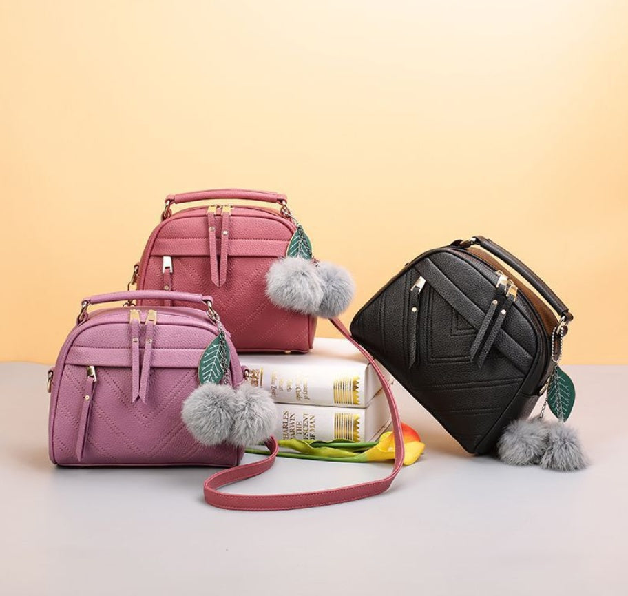 Large PU Leather Shoulder Bag with Hair Ball Pendant and Telescopic Handle, 5 Inch, Multiple Colors