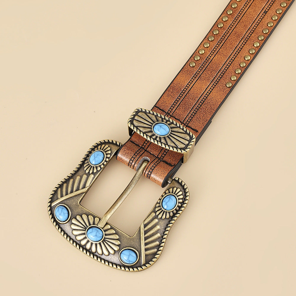 Western Retro Women's Chocolate PU Leather Denim Belt 120cm