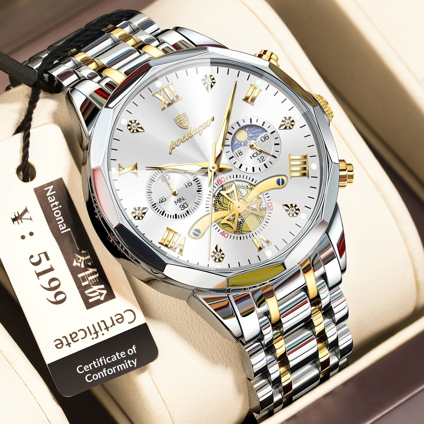 Waterproof Multifunctional Quartz Watch for Men with Stainless Steel Strap