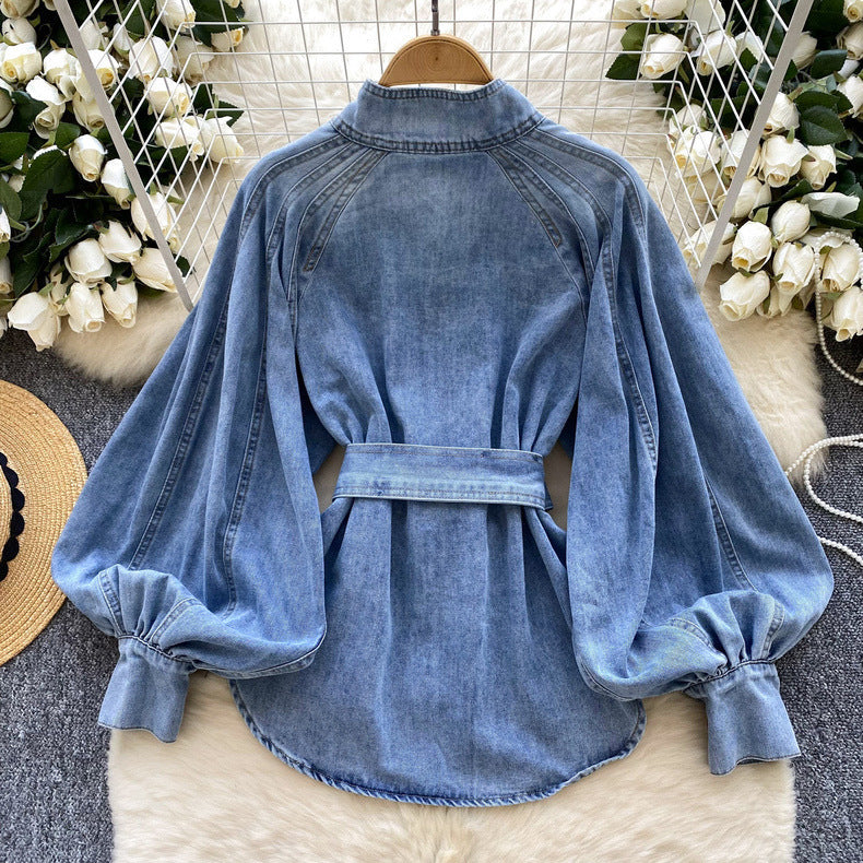 Retro Lace-Up Waist-Control Denim Top with Stand-Up Collar and Puff Sleeves