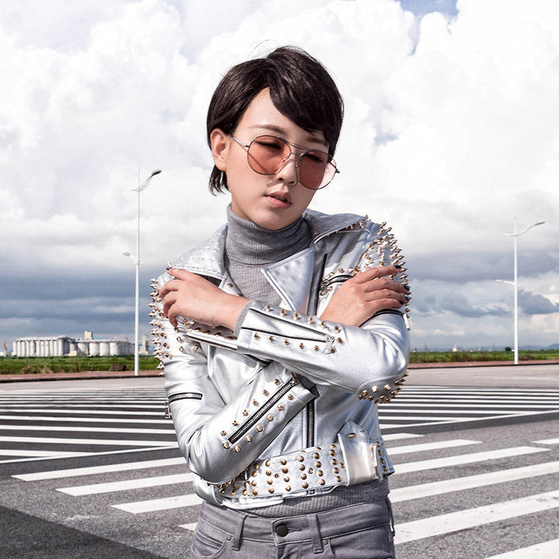 Women's Punk PU Leather Motorcycle Jacket with Rivets and Stand Collar