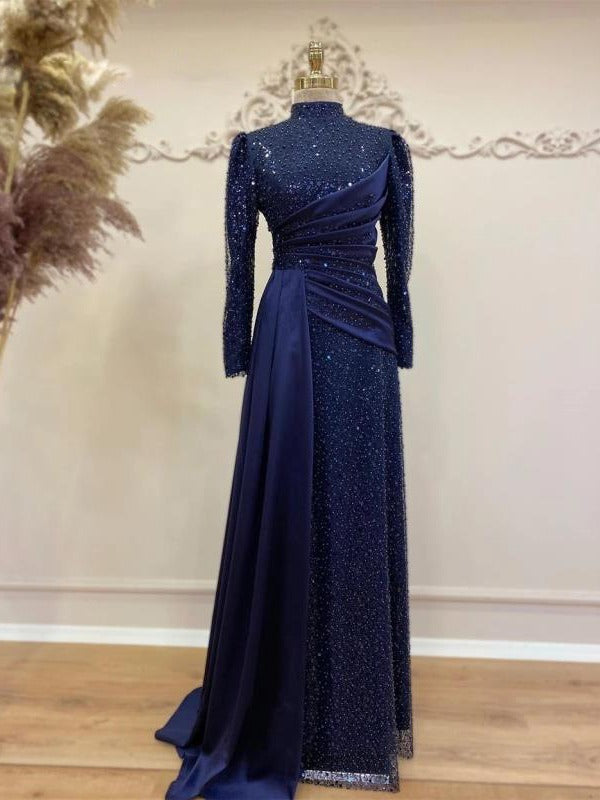 Robe de soirée longue à col montant et manches longues en dentelle à sequins bleu foncé musulmane Hui