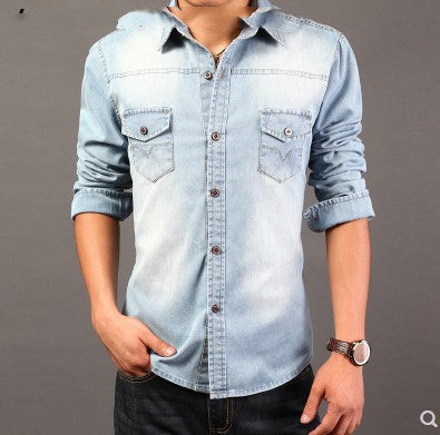 Men's Cotton Denim Shirt Stand Collar Long Sleeve