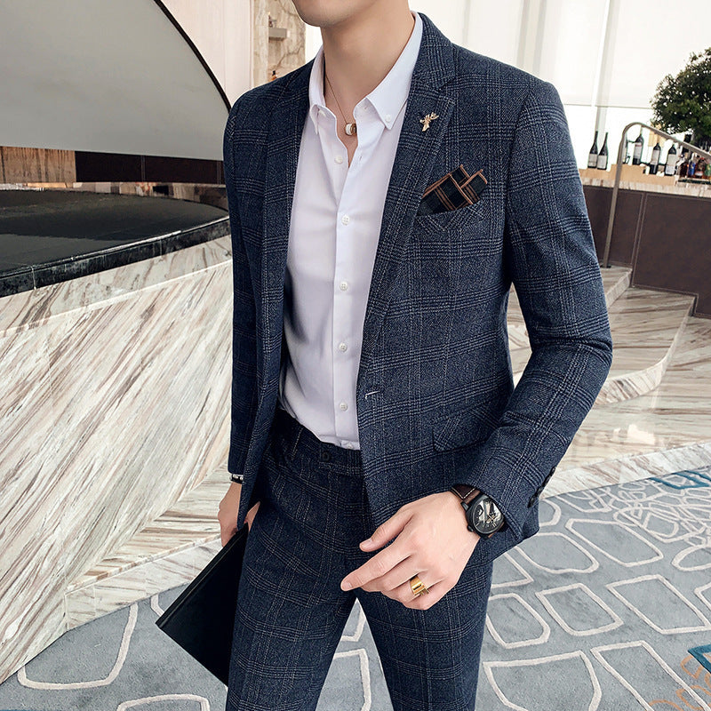 Men's Slim Fit Casual Plaid Two-Piece Suit