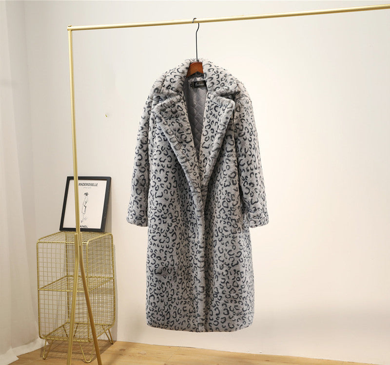 Leopard Print Oversized Fur Coat with Suit Collar in Brown & Gray