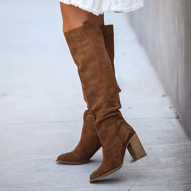Women's Pointed Suede High Tube Boots with Thick Heel in Black, Gray & Brown