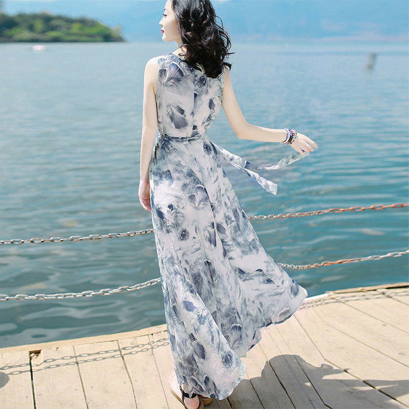 Robe longue bohème sans manches imprimée avec taille élastique pour femme