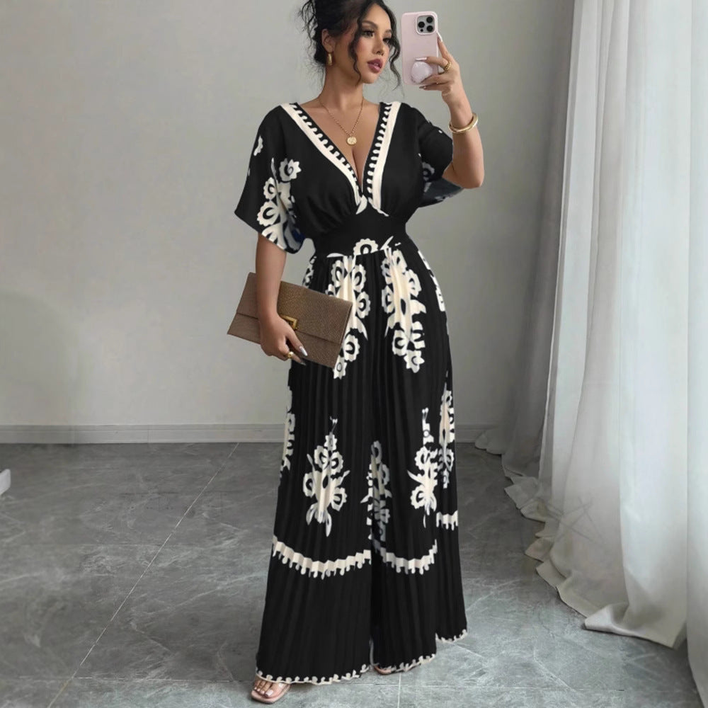Casual Printed Pleated Loose Short-Sleeve Jumpsuit