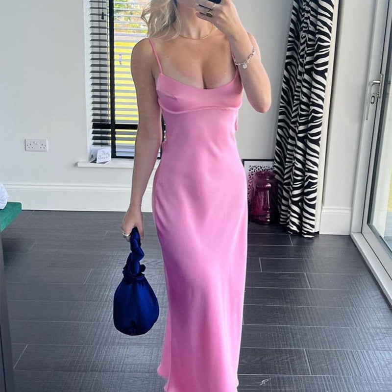 Women’s Satin Sleeveless Backless Long Slip Dress – Elegant Casual Party Summer Dress