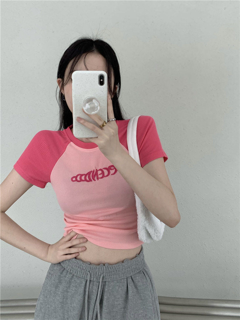 Pure Desire Slim Fit Short Sleeve Student Top with American Design