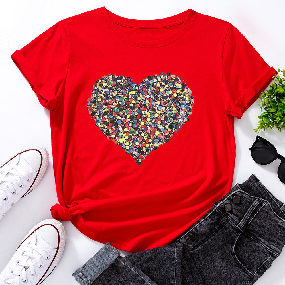 Creative Love Cotton Loose Round Neck Short Sleeve T-Shirt Women