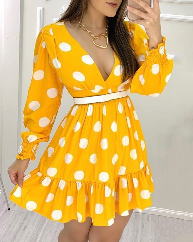 Yellow Polka Dot V-Neck Cotton Blend Dress