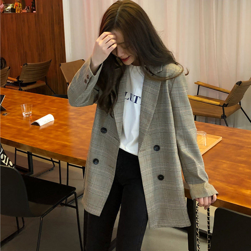 Plaid Ladies Blazer Double-Breasted Medium Length