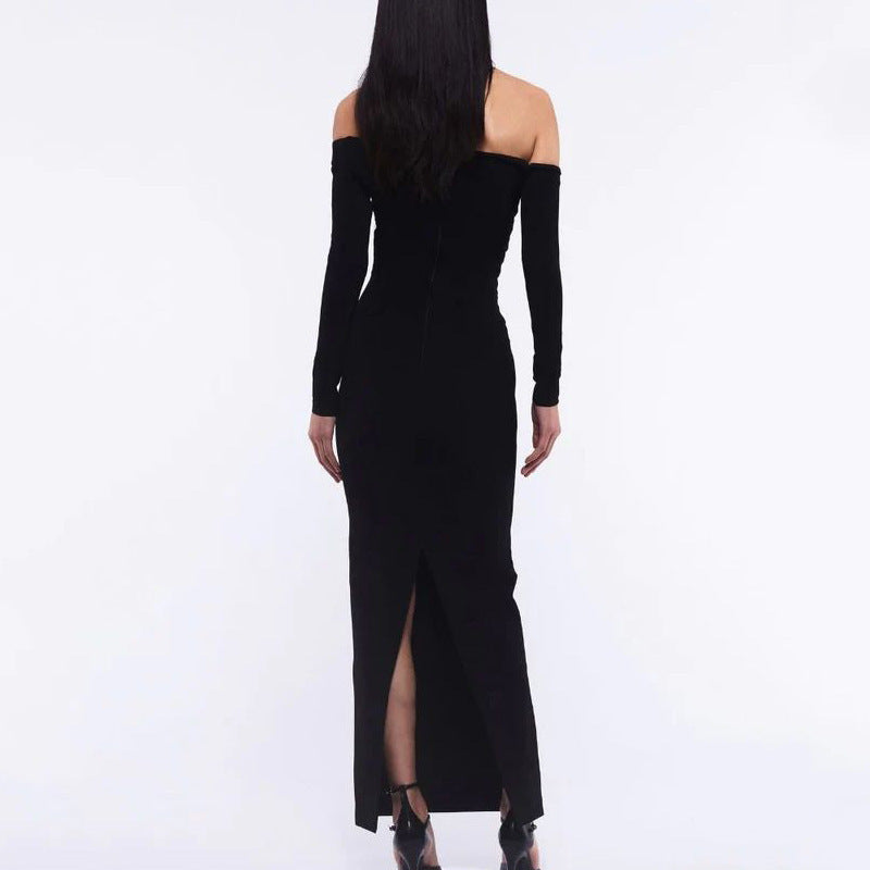 European & American Style Black Tube Top Slim Fit Backless Flower Split Dress