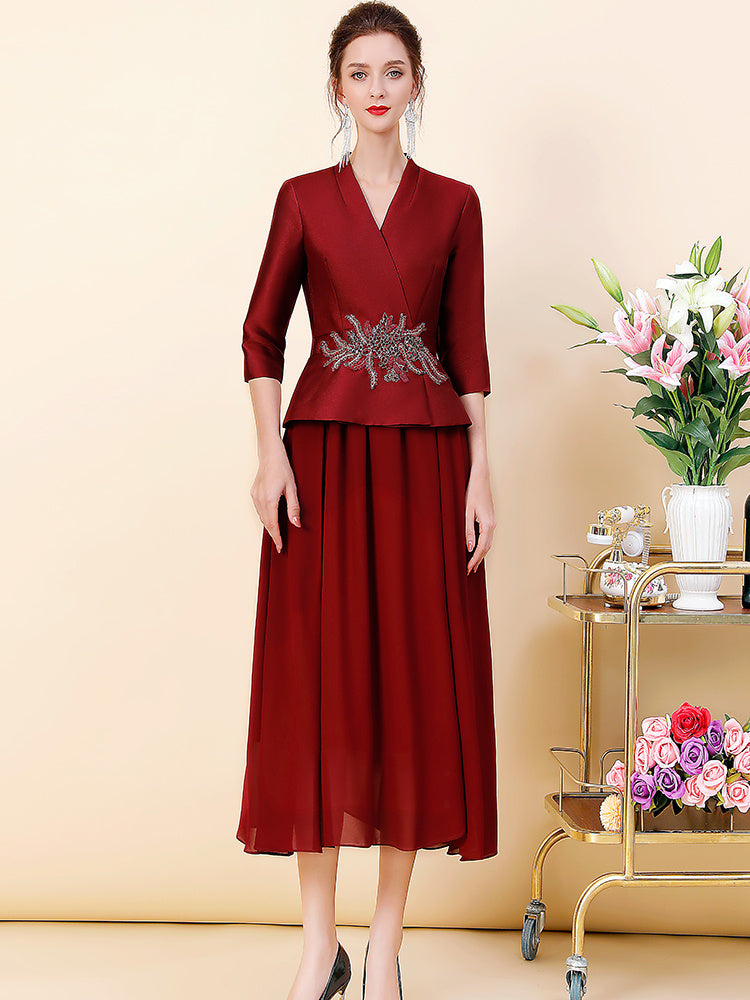 Middle Eastern Elegant Wine Red 2-Piece Suit Set